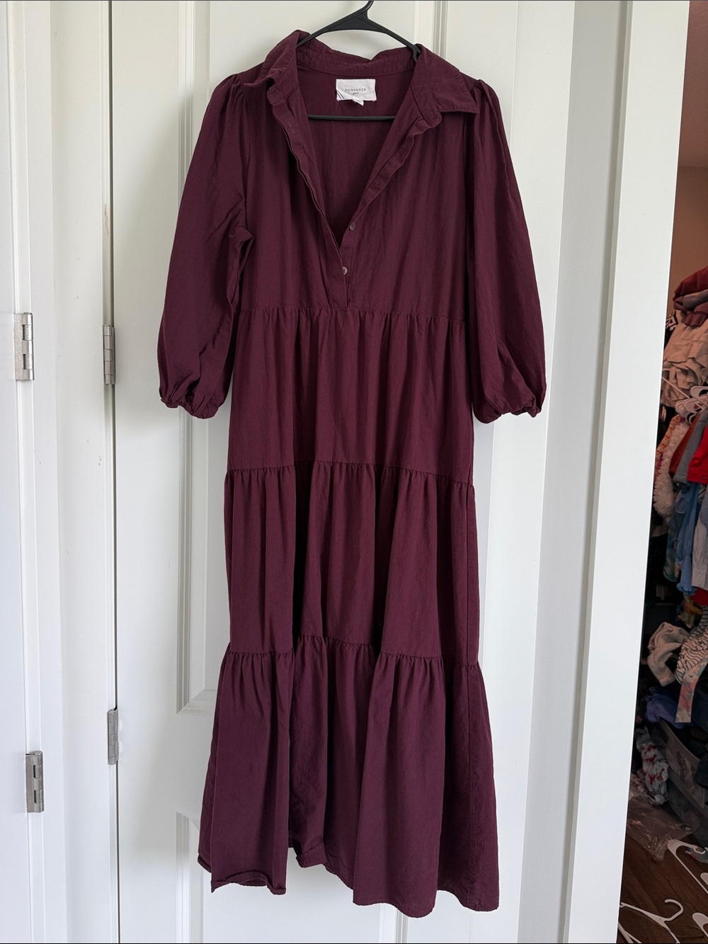 Pomander Place Plum-Burgundy Tiered Button-Front Maxi Dress
